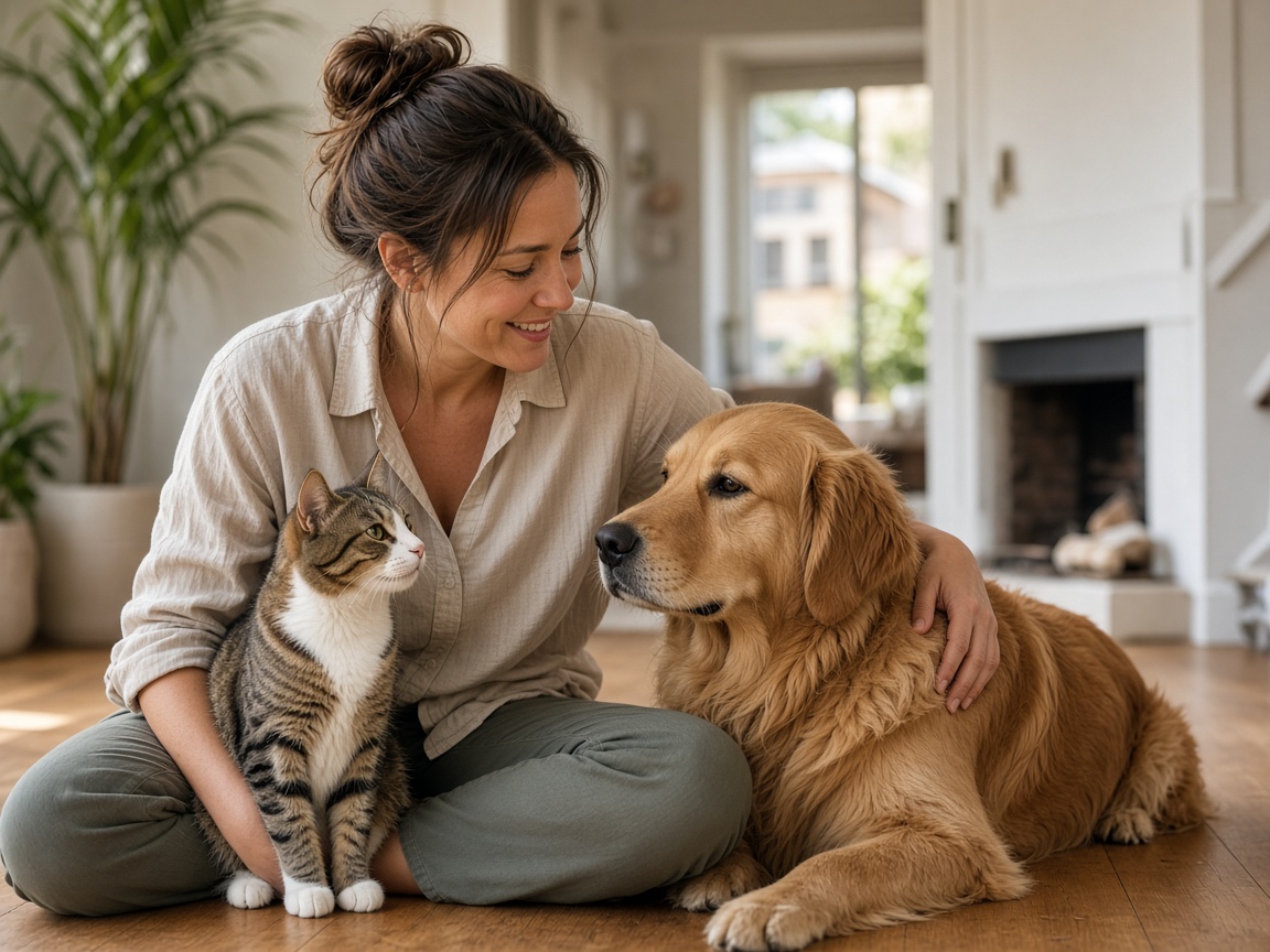 An owner sitting with a dog and a cat in a sunlit home.