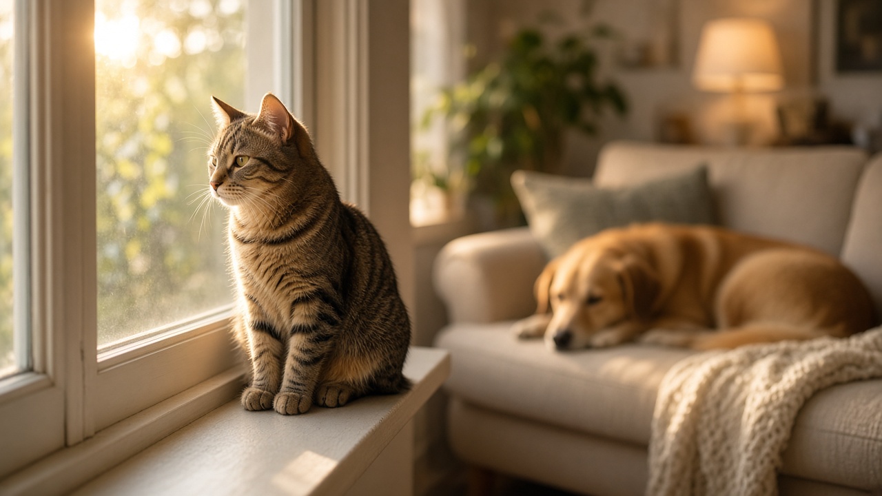A cat at home beside a window, with a dog resting nearby.