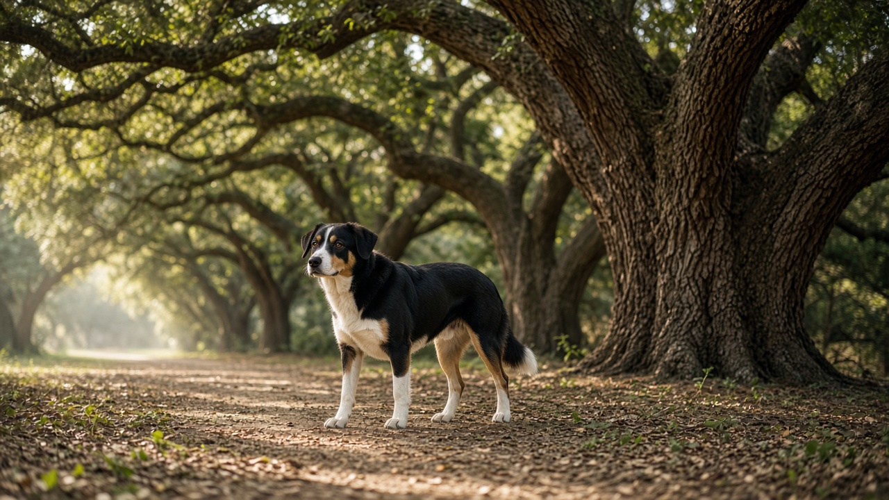 A dog pausing on a walk beside live oak trees.