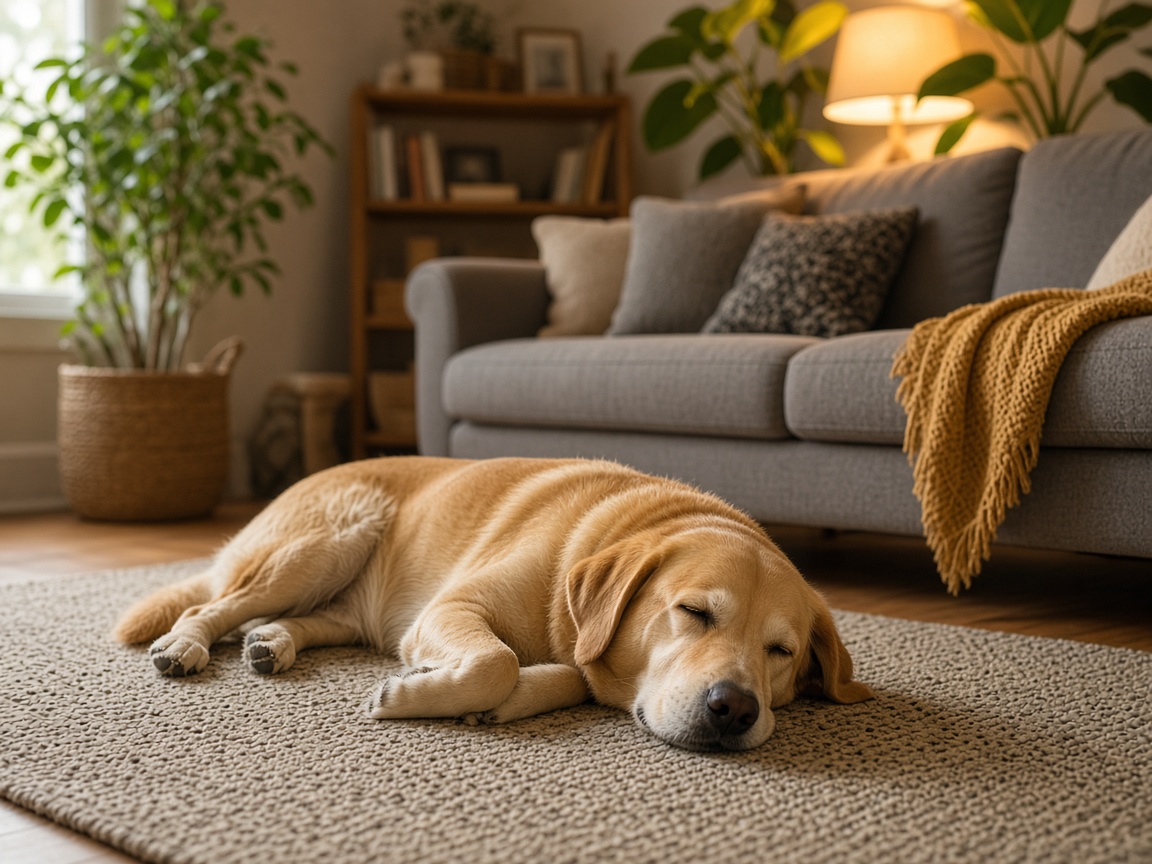 A dog resting in a home living room during home-style boarding.