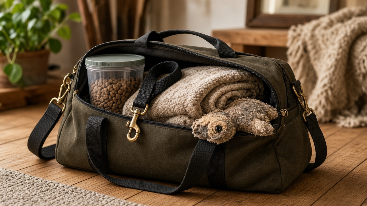A packed pet bag and familiar belongings ready for a boarding stay.