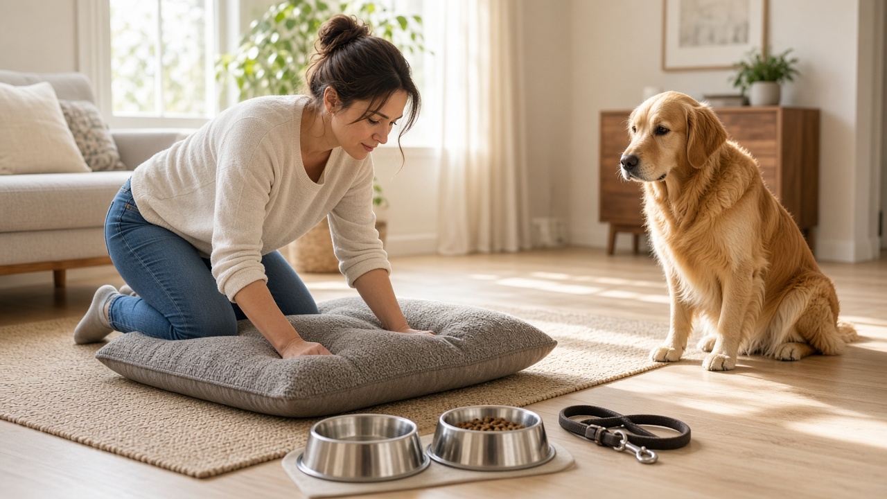 A person preparing a home for a newly arrived dog.