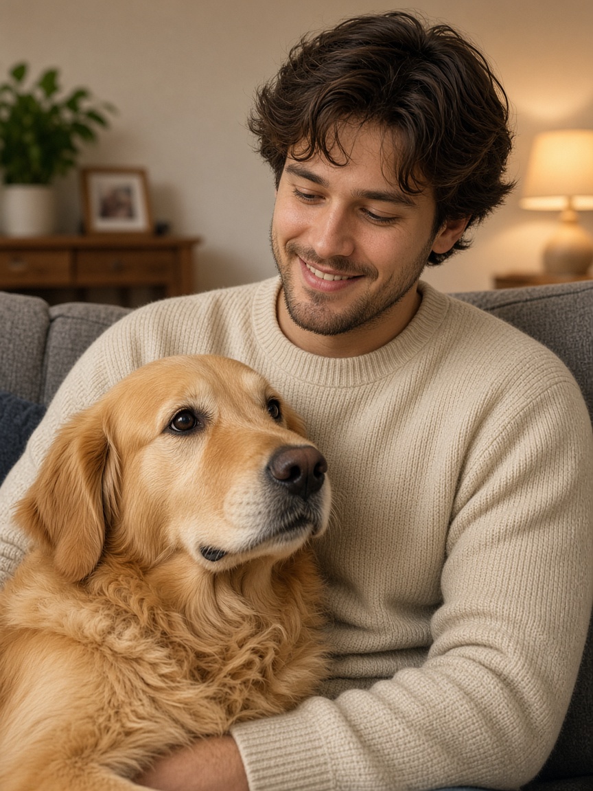 Jordan Lee with a Golden Retriever.