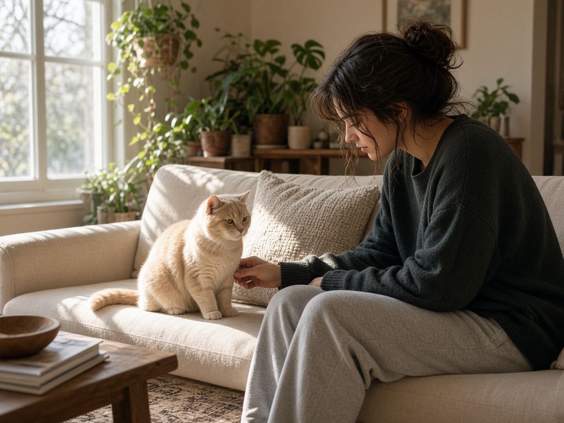 A cat receiving in-home pet sitting on a living room sofa.