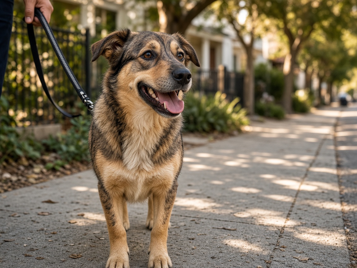 A dog on a leash during a neighborhood walk.